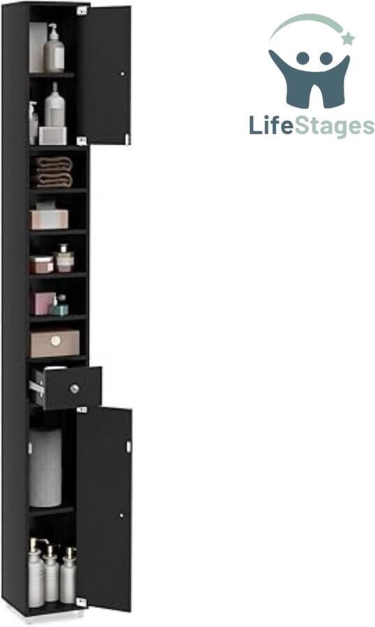 LifeStages Kolomkast staand badkamer met 2 Deuren Kolomkast staand badkamer met lade en verstelbare planken Ruimtebesparend badkamerek Zwart 20 x 20 x 180 CM