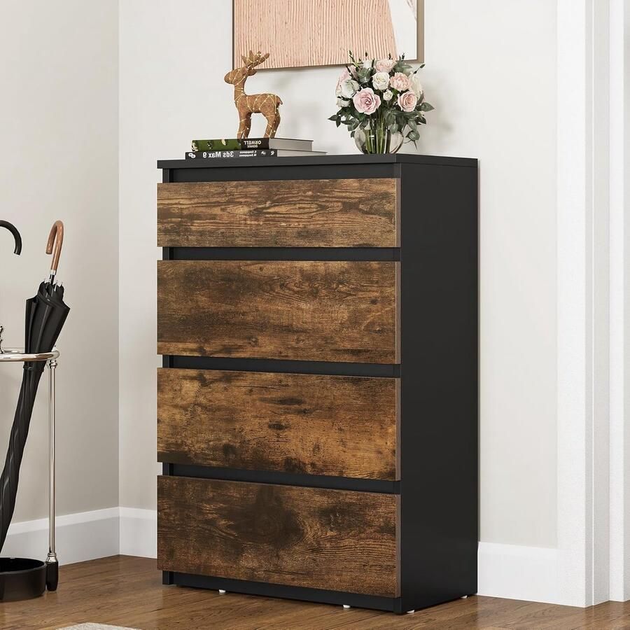 LifeStages Ladekast met 4 laden ladekast kledingkast met 4 laden ladekast slaapkamer ladekast hal 92 x 33 x 60 cm (zwart rustiek bruin)