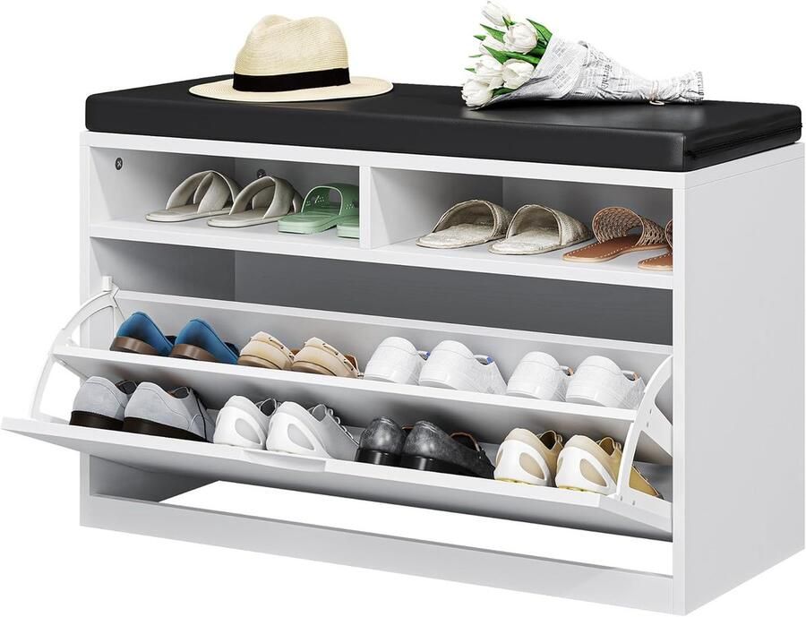 LifeStages Schoenenbank 85 x 35 x 53 cm Schoenenbank met zacht kussen schoenenkast met 2 planken 150 kg draagvermogen schoenenbank met zitje voor inkomhal wit