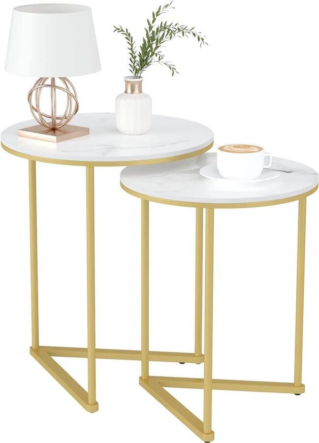 LifeStages Set van 2 marmeren tafels: ronde gouden bijzettafelset salontafel witte woonkamertafel met goud ijzeren frame voor de woonkamer grote tafel 45x55cm en kleine tafel 40x51cm