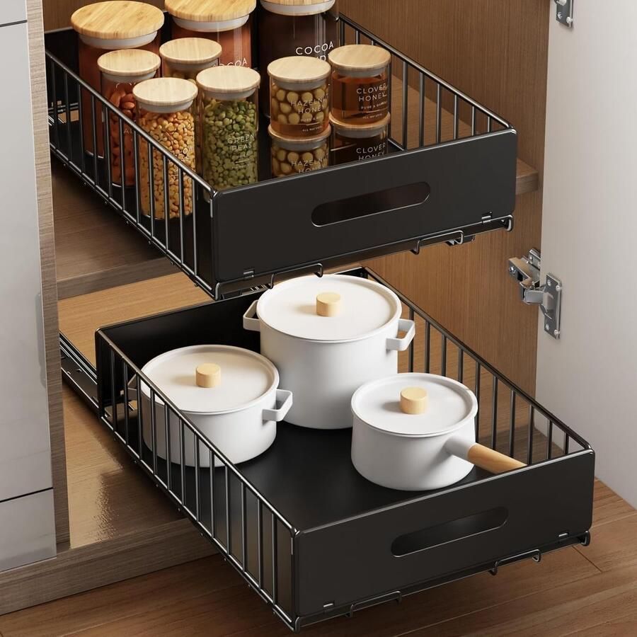 LifeStages Set van 2 telescopische laden uitschuifbare lade keuken zonder boren Uitschuifbare kastorganizer Uitschuifbare ladekastorganizer Zwart (42 cm D x 30 cm B x 10 cm H)