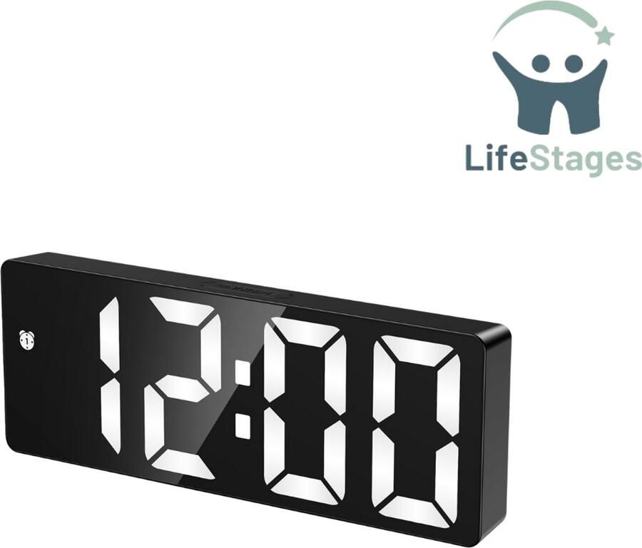 LifeStages Slaapwekker Digitale Bed Wekker 6.5 Groot Scherm Type-C Batterij Powered Wekker met Snooze Datum Nachtkastje Wekker 5 Niveaus Instelbare Helderheid voor Slaapkamer Kantoor