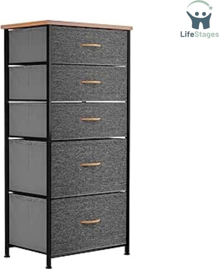 LifeStages Smalle Ladekast met 5 Laden van Stof Opbergkast Industriële Stijl voor Slaapkamer Woonkamer Kinderkamer Hal Donkergrijze Opbergkast