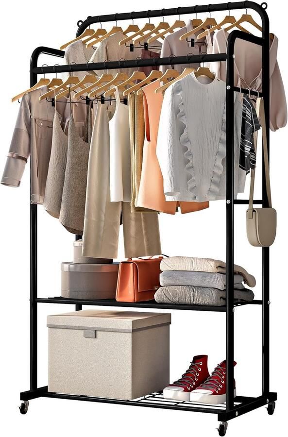 LifeStages Stalen zelfdragende dubbele multifunctionele kledingrek met wielen roestvrij staal gecoat 152 x 32 5 x 74 5 cm