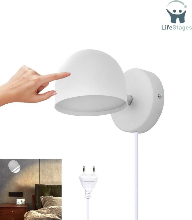 LifeStages Stekkerlamp Dimbaar Wandlamp Voor Woonkamer Slaapkamer Trap Bedienbaar Wandlamp Dimbaar 360° Draaibaar Nachtlamp 3000k Warm Wit Verstelbaar Leeslamp 12W LED Binnenwandlamp Met Stekker Wit