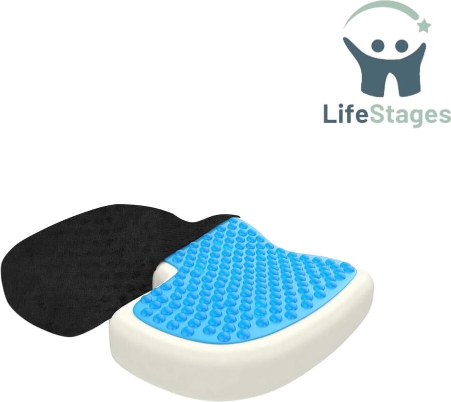 LifeStages Stuitkussen Coccyx-Kussen met Gellaag Ademend Orthopedisch Geheugenschuim Ergonomisch Zitkussen Anti-Druk Rugpijn Coccyx-Kussen voor Auto Bureaustoel