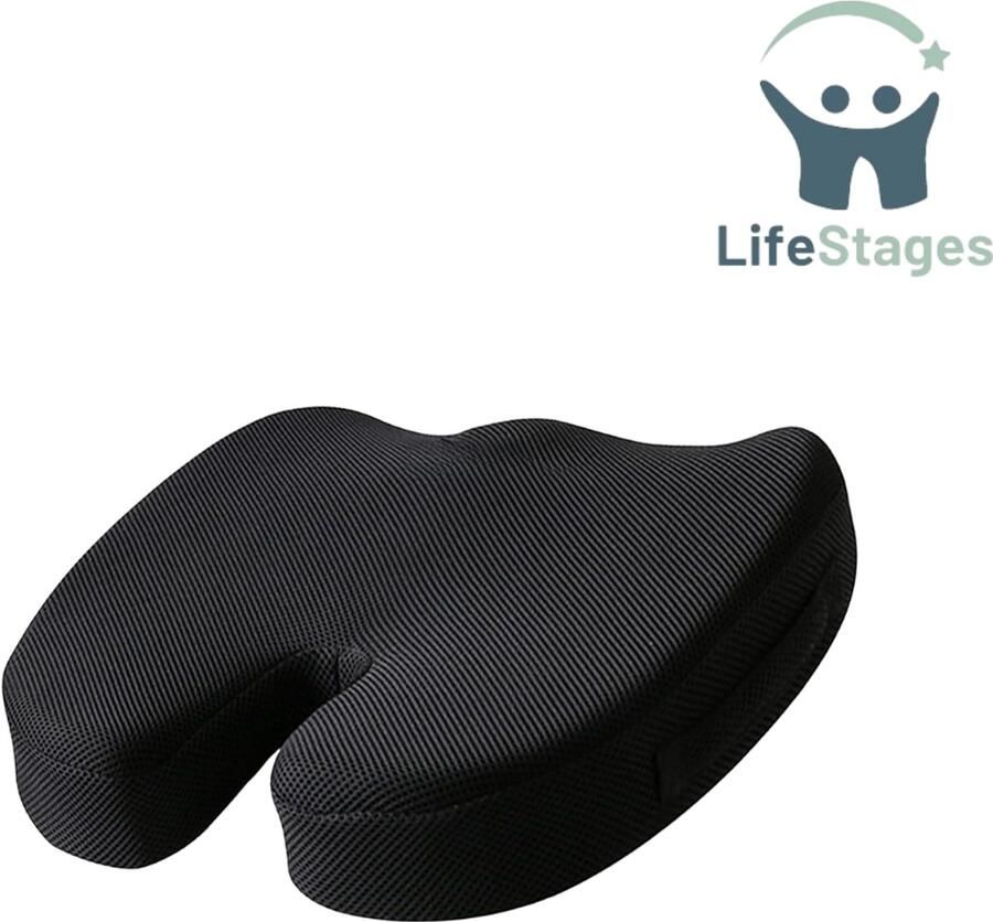 LifeStages Stuitkussen Zitkussen voor Bureaustoel Memory Foam Verlichting van Stuitpijn Rugsteunkussen Antislip Zitkussen voor Kantoor Spelstoel Rolstoel Autostoel Ischias Stuitbeenpijn