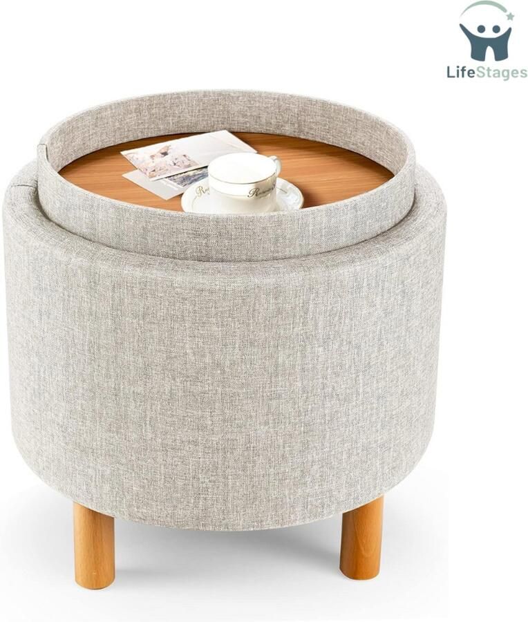 LifeStages Voetenbankje Of Poef Hulpprogramma met Opbergruimte Ronde Fluwelen Poef met Afneembaar Deksel Gewatteerde Make-up Kruk tot 150 kg Ottomaanse Gestoffeerde Kruk Modern voor Woonkamer Slaapkamer (Beige)