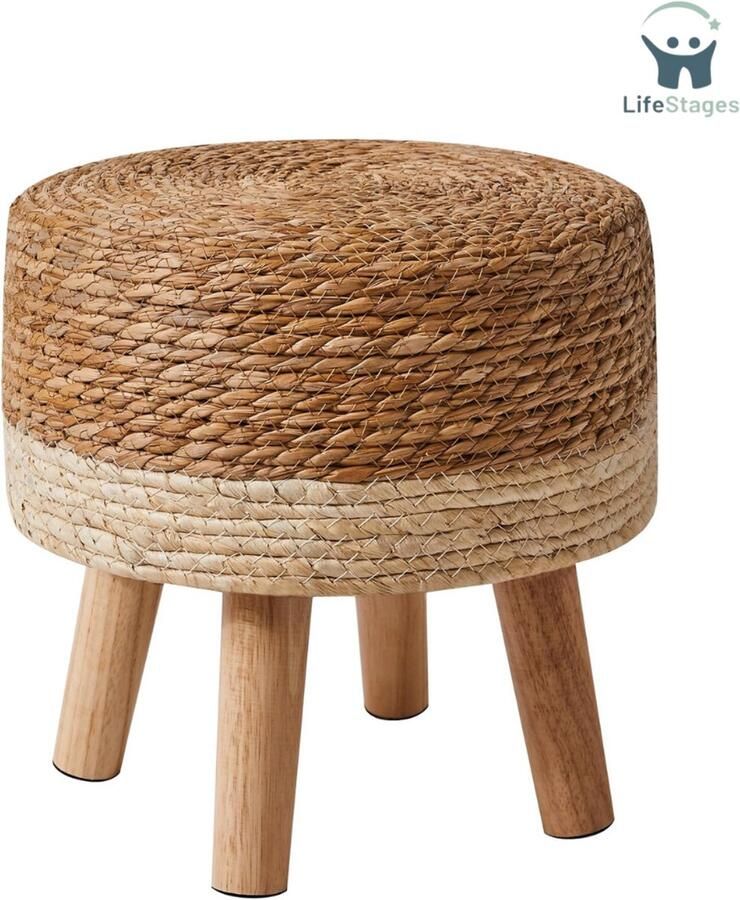 LifeStages Voetenbankje Of Poef Kruk Ottomaanse Voetenbank van Natuurlijk Zeegras en Dennenhouten Poten Landelijke Stijl Handgemaakt voor Slaapkamer Woonkamer Buiten Wit 32 x 32 x 32 cm HBD