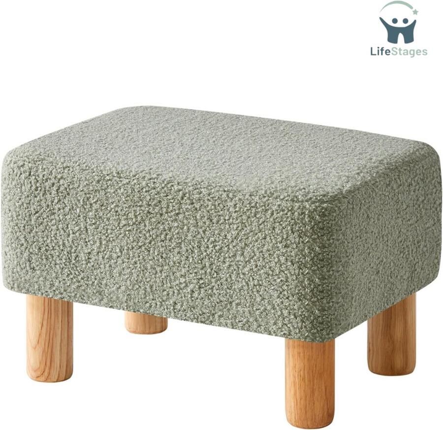LifeStages Voetenbankje Of Poef Rechthoekige Teddy Voetenbankje van Fluweel met Houten Poten Houten Voetenbankje Klein Opgevuld Krukje Schoen Wisselbankje voor Woonkamer Slaapkamer 40 x 29 x 25 cm Groen
