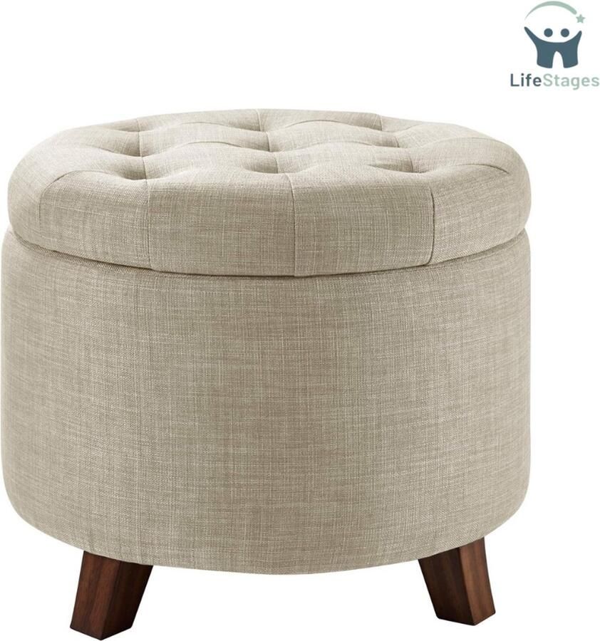LifeStages Voetenbankje Of Poef Rond Linnen Gestoffeerd en Getuft Opbergkrukje Krukje 43cm Hoog Jute Beige
