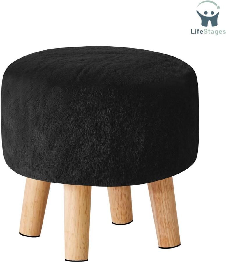 LifeStages Voetenbankje Of Poef Voetenbankje Ottoman Massief Houten Kruk Ronde Ottoman Kruk met Houten Poten Poef Bank Kruk Sofa Voetensteun Kruk voor Woonkamer Slaapkamer 32 x 32 x 32 cm Zwart