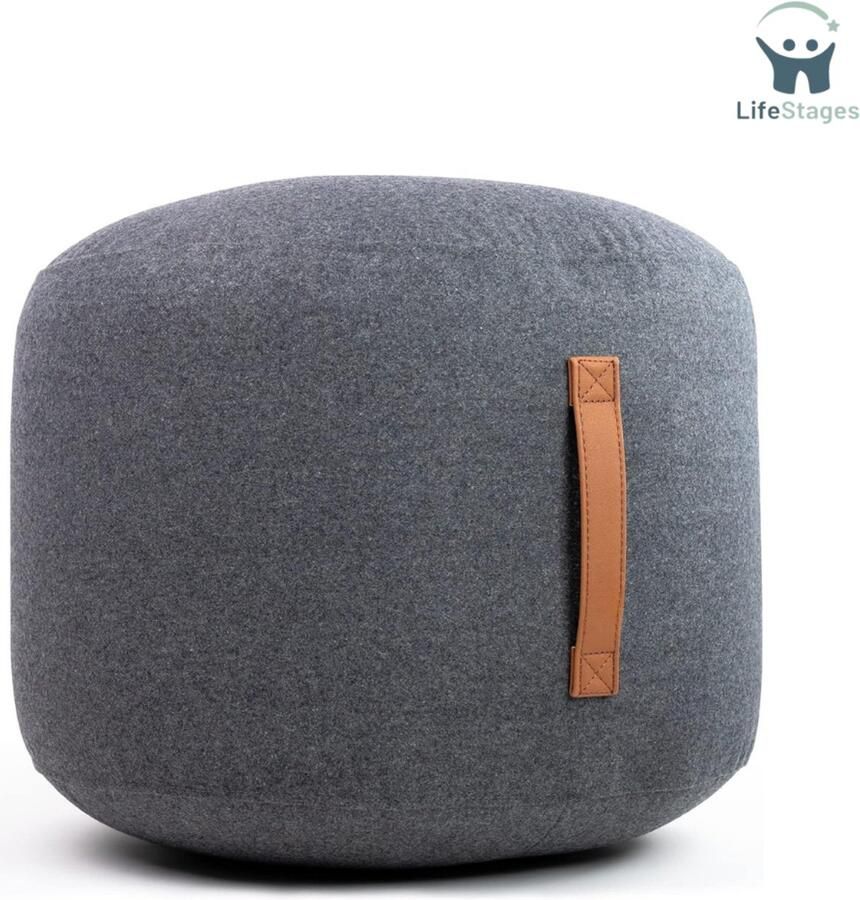 LifeStages Voetenbankje Poef Rond Gevuld met Polyester Ballen Zitzakken met Praktische Leren Handgreep Kruk Van 100% Wol Afmetingen 50 cm x 40 cm