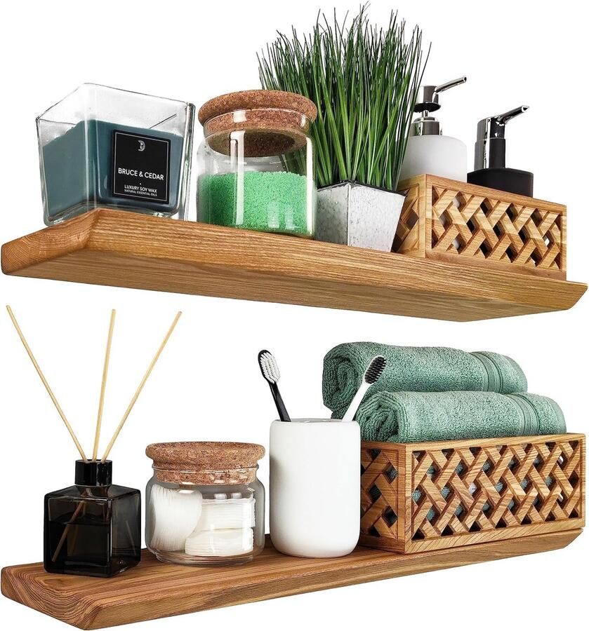 LifeStages Wandplank van hout zwevend rek rustiek plankplank set van 2 wandplank houten plank muur hangrek voor woonkamer keuken kantoor badkamer natuurlijk 60 cm