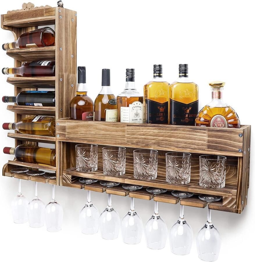 LifeStages Wijnrek pallet bevlamd hout wandbar met kurkhouder voor wijnglazen whiskyglazen flessenhouder huisbar vintage cadeau (normaal zonder led)
