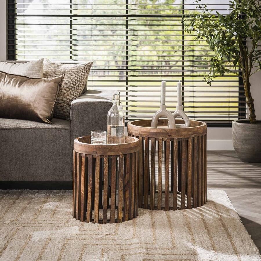 LifestyleFurn Bijzettafel Twiggy Mangohout Set van 2 stuks Massief mango zandkleur Rond - Foto 2