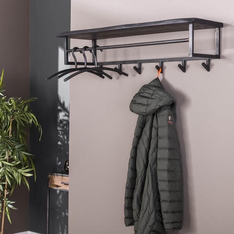LifestyleFurn Kapstok Yena Acaciahout en metaal met 6 haken en plank zwart