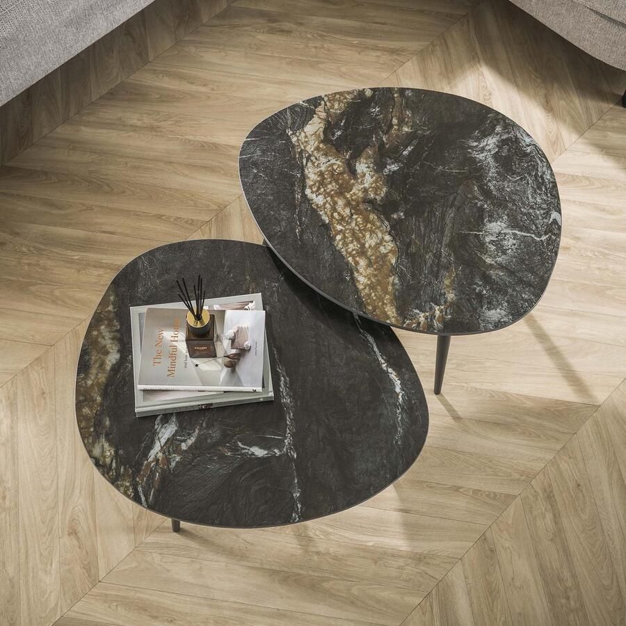 LifestyleFurn Organische Salontafel Antar Keramiek Set van 2 stuks Ceramic fossil black