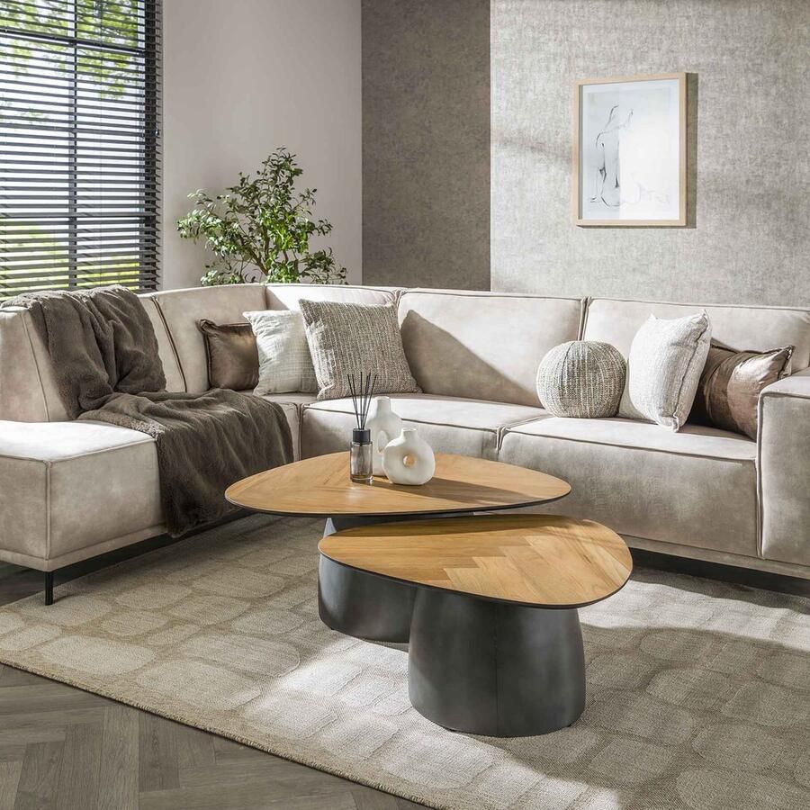 Dimehouse Salontafel set van 2 visgraad Elva teakhout frame metaal