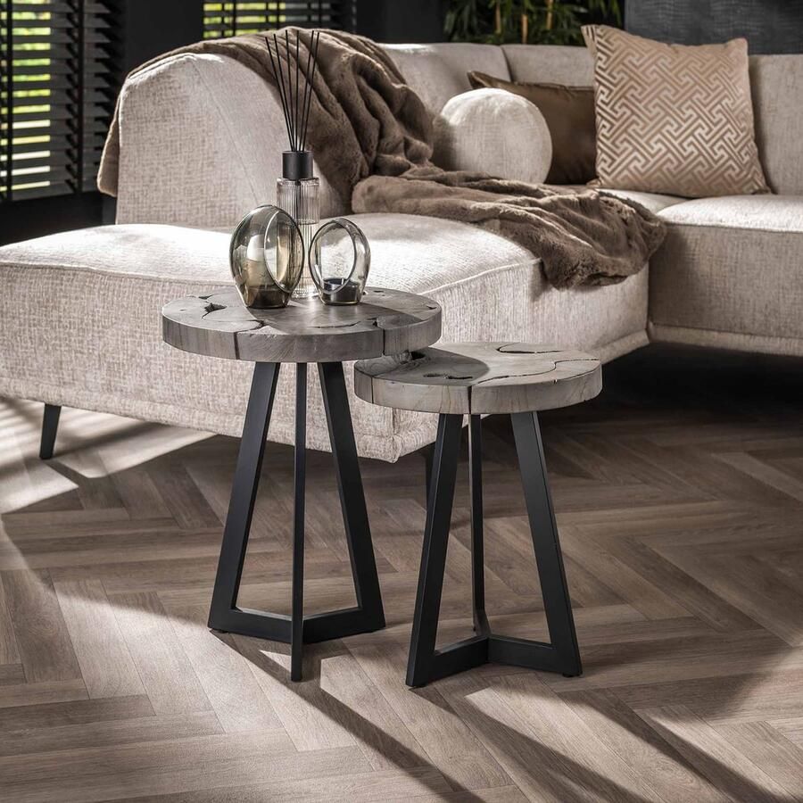 Dimehouse DH Interior Ronde bijzettafel set Mase teakhout grijs 40 x 40 x 50 cm Grijs Modern Rond