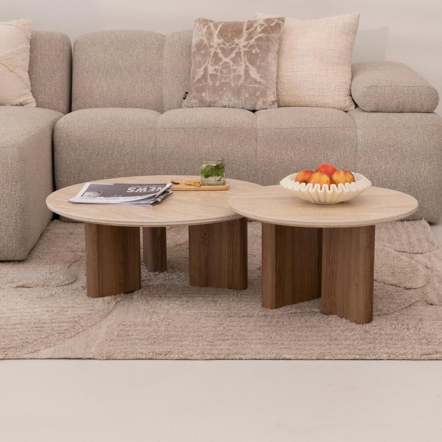 LifestyleFurn Ronde Salontafel Laycie Keramiek in Travertinlook Set van 2 stuks Ceramic travertine
