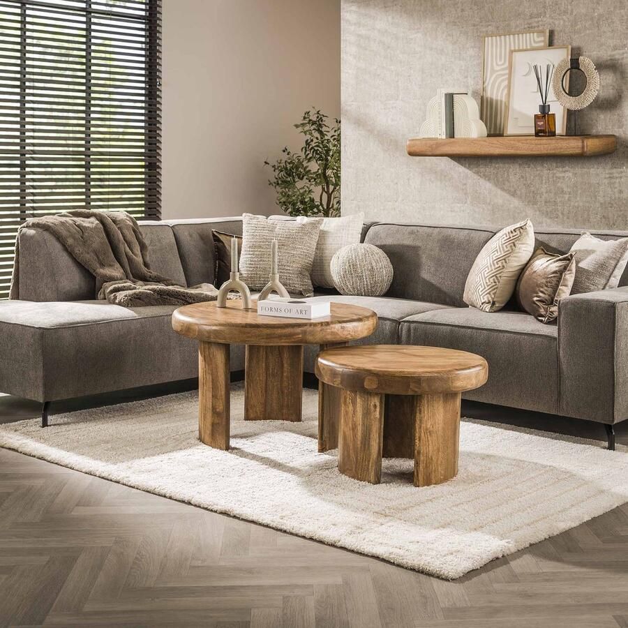 LifestyleFurn Salontafel Manoah Mangohout Set van 2 stuks Massief mango zandkleur Rond
