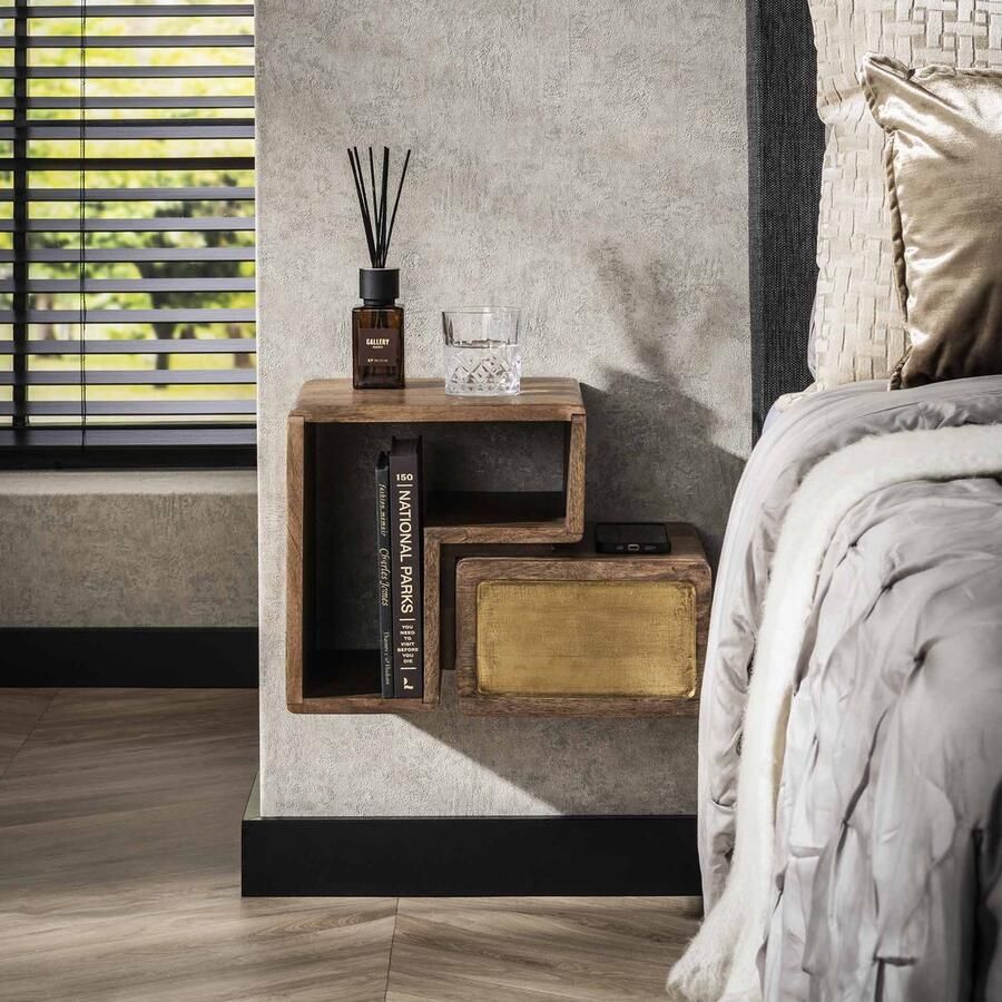 LifestyleFurn Hangend Nachtkastje Renée Mangohout en brass Set van 2 stuks Massief mango zwart