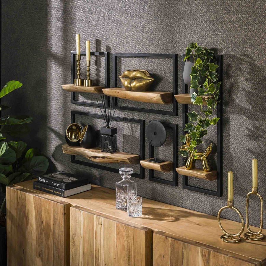 Dimehouse DH Interior Set van 5 wandplanken Viggo acaciahout metaal Hout Acacia Industrieel 25 x 12 x 75 cm