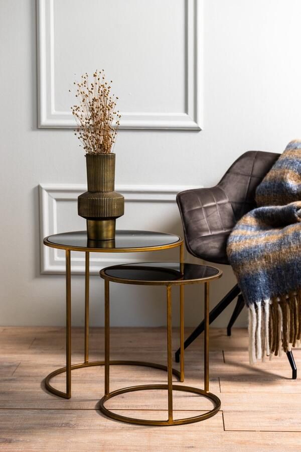 Light & Living Duarte Ronde Bijzettafel Antiek Goud Smoke glas Set 2 Ø40x45 + Ø50x52 cm - Foto 3