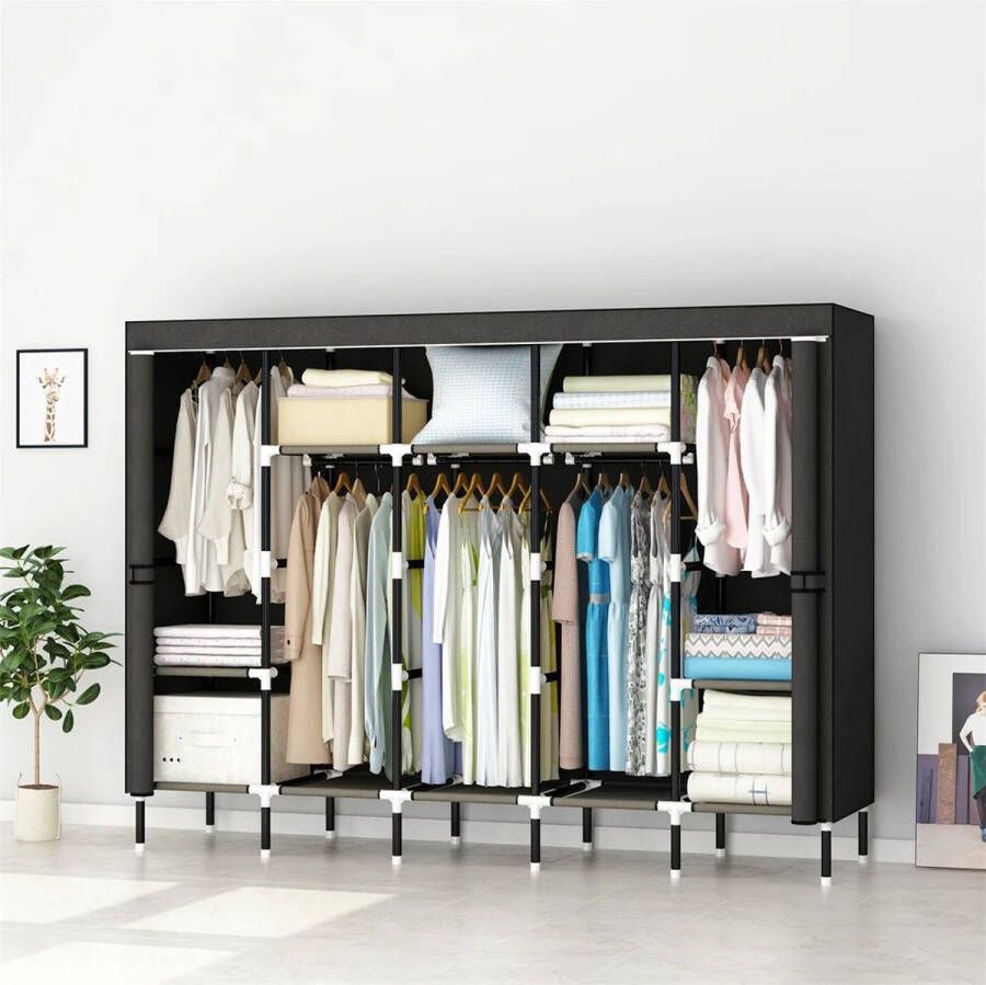 LIIGOU Kast Kledingkast -Leegohome Kast kledingkasten Slaapkamer kledingkasten kledingkast Slaapkamer kleding kast kledingkast Organizer Garderobe Kast Stalen Stof Kleding Opknoping Zwart