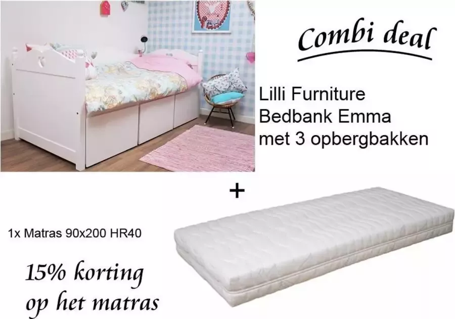 Lilli Furniture Emma bedbank met 3 mega bakken Inclusief HR40 koudschuim matras inclusief lattenbodem 90x200cm wit