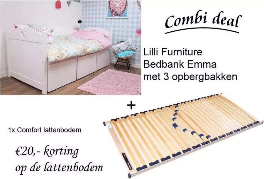 Lilli Furniture Emma bedbank met 3 mega lades inclusief Comfort lattenbodem 90x200cm Wit