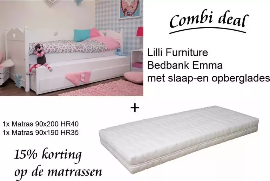 Lilli Furniture Emma bedbank met uitschuifbaar logeerbed en 2 lades inclusief 2 koudschuim matrassen 90x200cm en 90x190cm inclusief 2 lattenbodems wit