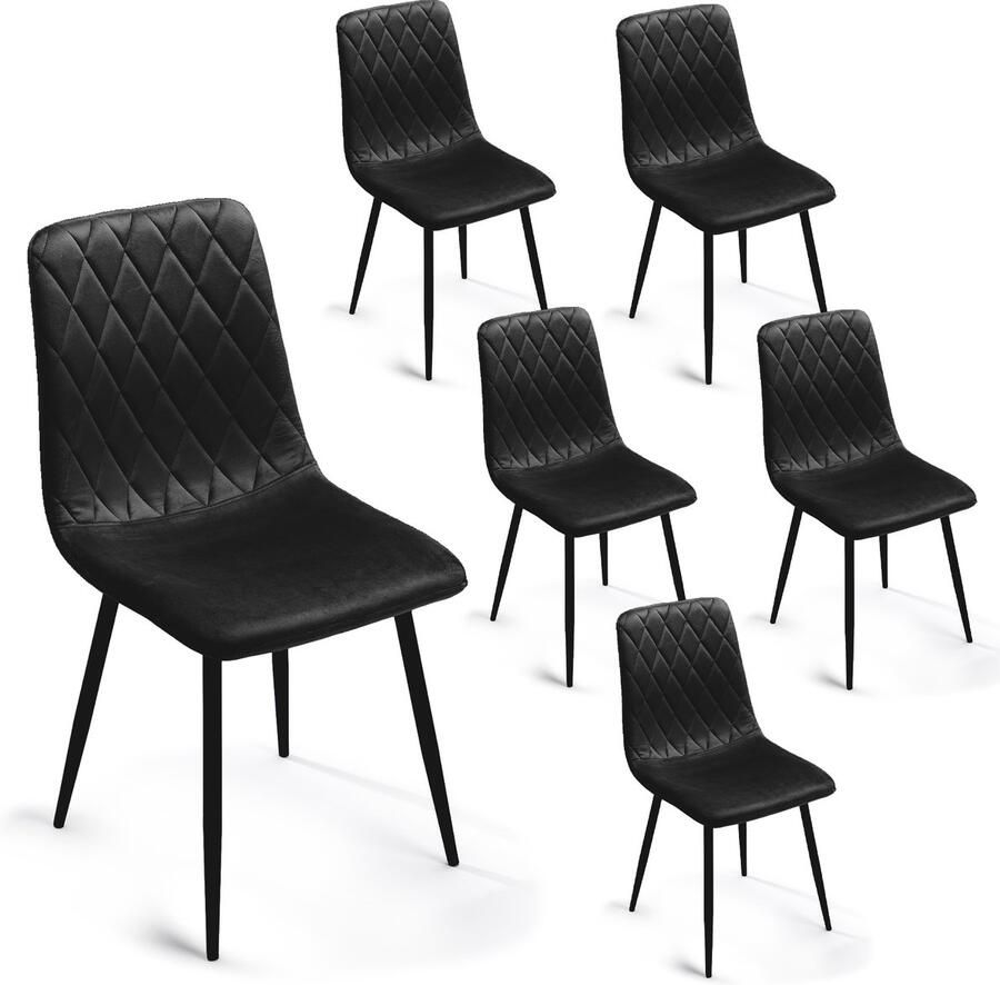 Mevsim Elisia Eetkamerstoel Set van 6 Zwart Velvet Metaalpoot Woonkamerstoel