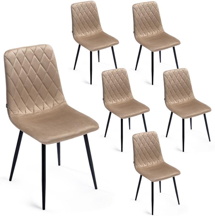 Lina Elisia Eetkamerstoel Set van 6 Beige Velvet Metaalpoot Woonkamerstoel