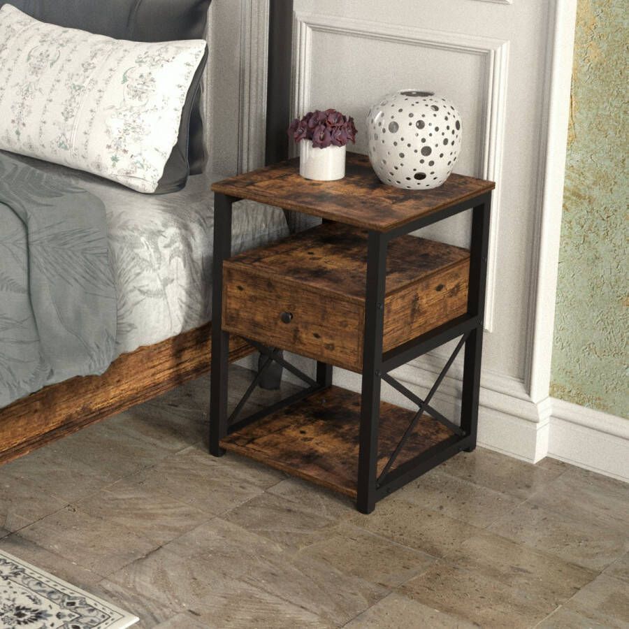 Lina Nachtkastje Industrieel Bruin Zwart 40x40x55 cm Industrieel ontwerp