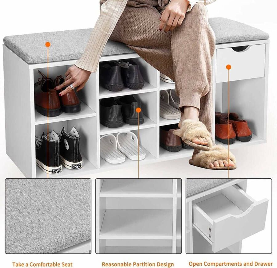 Lina Schoenenkast 3 Niveaus Opbergbank met Lade en Open Vakken