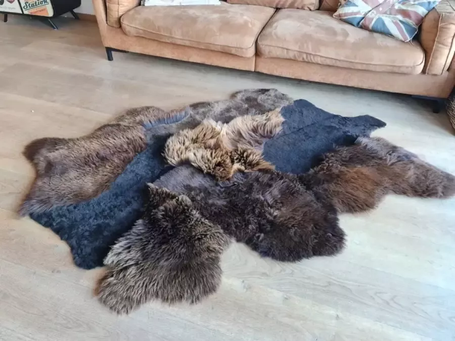 Grote Schapenvacht vloerkleed tapijt 180x120cm bruin melange schapenvacht vloerkleed
