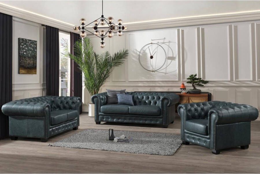 LINEA SOFA Chesterfield 3-zitsbank BRENTON 100% buffelleer Spaans groen L 201 cm x H 73 cm x D 96 cm - Foto 2