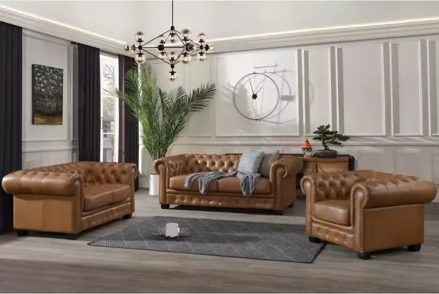 Vente-unique LINEA SOFA Chesterfield zitbank 3 + 2 + 1 plaatsen BRENTON 100% buffelleer Vintage caramel L 201 cm x H 73 cm x D 96 cm - Foto 2