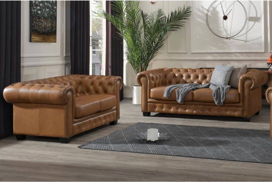 LINEA SOFA Chesterfield zitbank 3 + 2 plaatsen BRENTON 100% buffelleer Vintage caramel L 201 cm x H 73 cm x D 96 cm