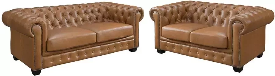 LINEA SOFA Chesterfield zitbank 3 + 2 plaatsen BRENTON 100% buffelleer Vintage caramel L 201 cm x H 73 cm x D 96 cm - Foto 2