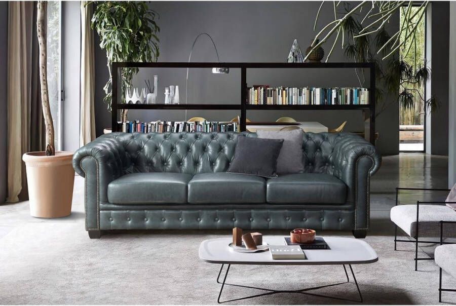 LINEA SOFA Chesterfield zitbank 4 plaatsen BRENTON 100% buffelleer Spaans groen L 240 cm x H 73 cm x D 99 cm