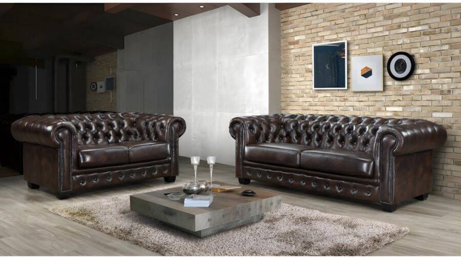 Vente-unique Driezitsbank Chesterfield BRENTON 100% buffelleer bruin tinten L 201 cm x H 73 cm x D 96 cm - Foto 3