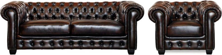 LINEA SOFA Driezitsbank en fauteuil Chesterfield BRENTON 100% buffelleer bruin tinten L 201 cm x H 73 cm x D 96 cm