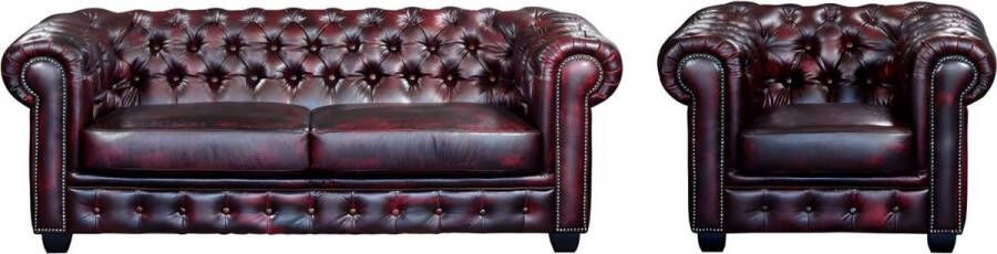 LINEA SOFA Driezitsbank en fauteuil Chesterfield BRENTON 100% buffelleer cherry L 201 cm x H 73 cm x D 96 cm - Foto 2