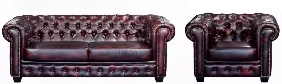 LINEA SOFA Driezitsbank en fauteuil Chesterfield BRENTON 100% buffelleer cherry L 201 cm x H 73 cm x D 96 cm