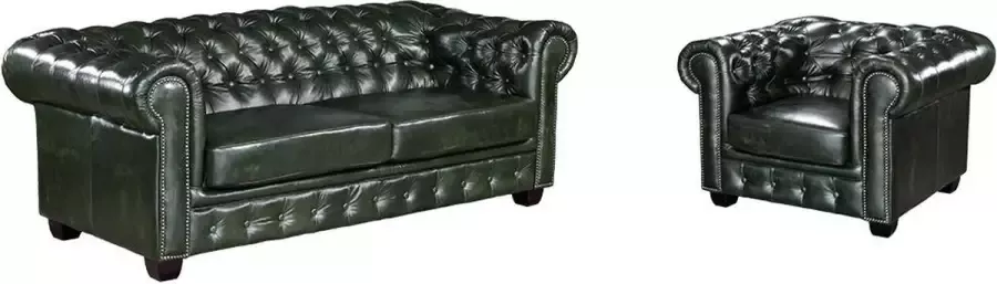LINEA SOFA Driezitsbank en fauteuil Chesterfield BRENTON 100% buffelleer empire groen L 201 cm x H 73 cm x D 96 cm - Foto 1