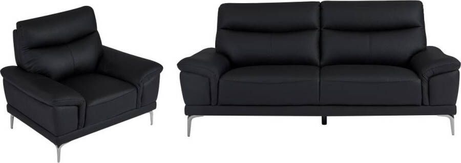 LINEA SOFA Driezitsbank en fauteuil van zwart leer ATESSO L 207 cm x H 92 cm x D 93 cm