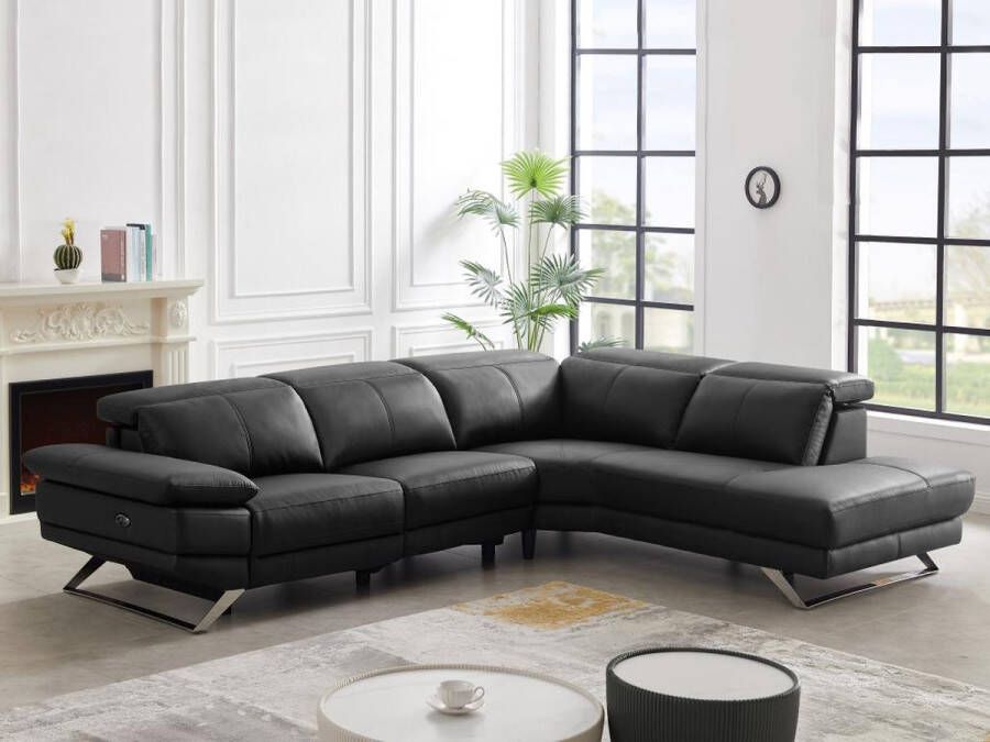 LINEA SOFA Elektrische relaxzitbank met hoek rechts van zwart vaarsleer PUNO II L 299 cm x H 76 cm x D 239 cm